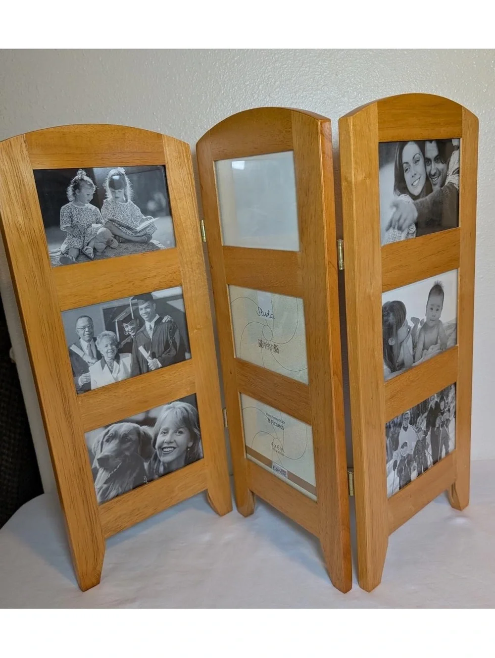 Turning Point Industries Vintage Wooden Tri-Fold 4x6” 9-Photo Frame Display